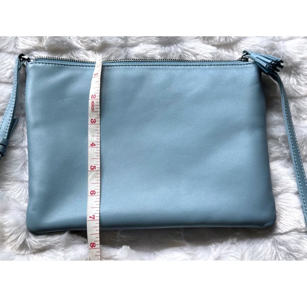 ili New York Baby Blue Leather RFID Crossbody Bag Tassel Zip Top Slim Purse